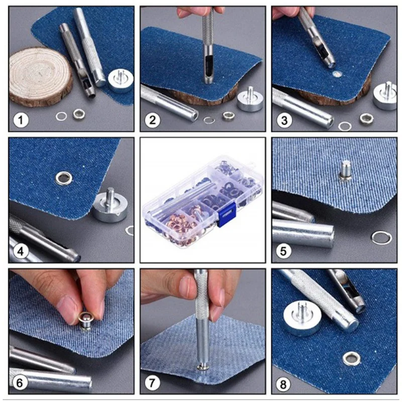 A84X-200 Set 6 Mm Metal Grommets Eyelets Kit With A Base And Punch Hole Tool And Installation Tool Repair With Plastic Box