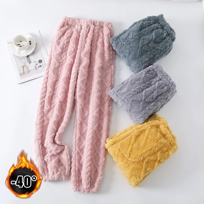 Ladies Warm Fleece Sleep Pants Winter Thermal Plush Trousers Thickened Coral Fleece Loungewear Elastic Ankles Outdoor Home Wear