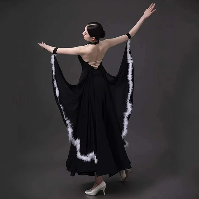 Sexy Ballroom Dance Kleid Frauen Modern Dance Kostüm Neckholder Schwarz Kleid Walzer Leistung Kleidung Tango Dancewear BL10243