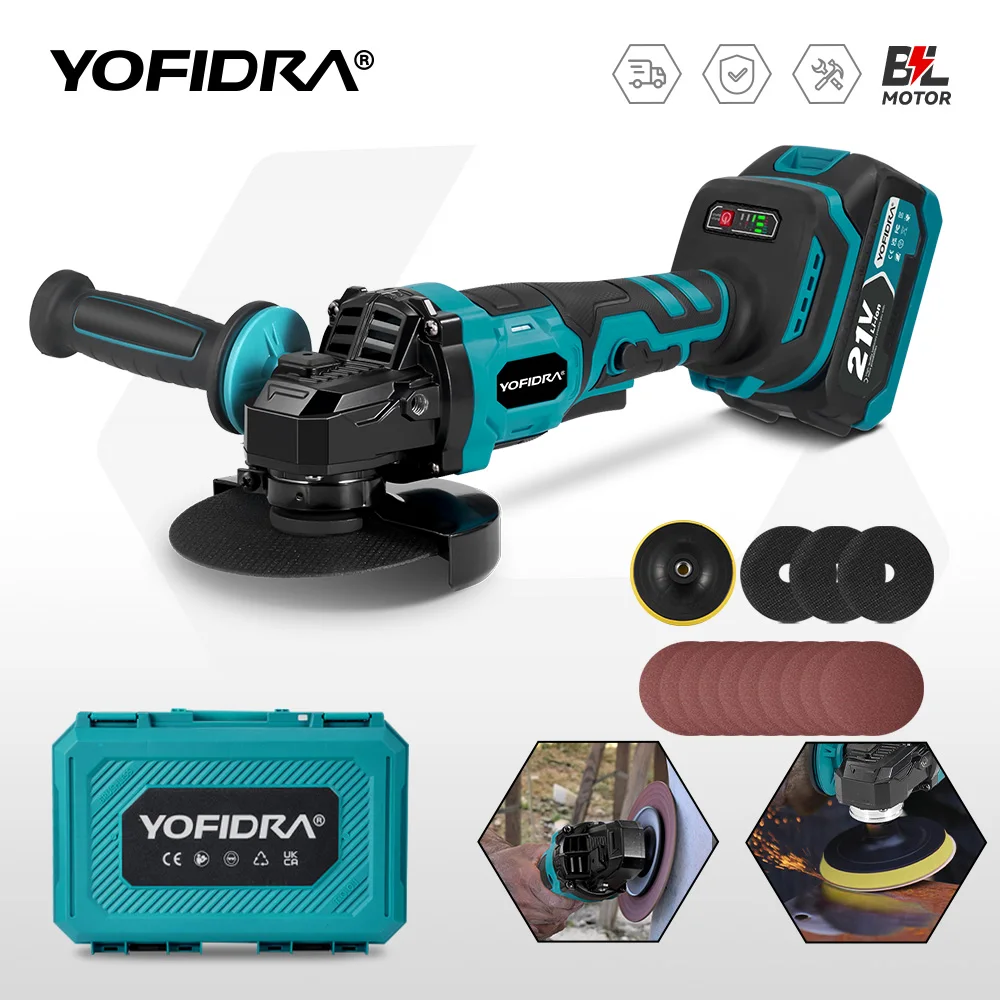 YOFIDRA 3-Gang 125MM Bürstenloser Elektrischer Winkelschleifer Kabelloser Polierer Schneidgerät Holzbearbeitungs-Elektrowerkzeug für Makita 21V 18V Akku