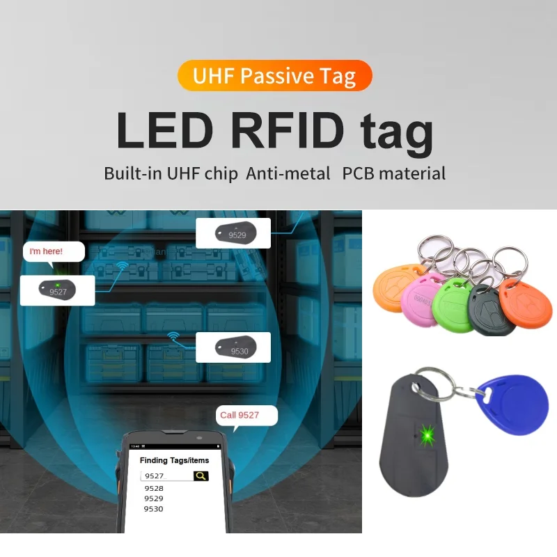 ISO 18000 6C Waterproof RFID Keyfob Mini UHF LED Light Reminder Tag Card 860-960MHz Frequency Keychain with LED Light Keyfobs