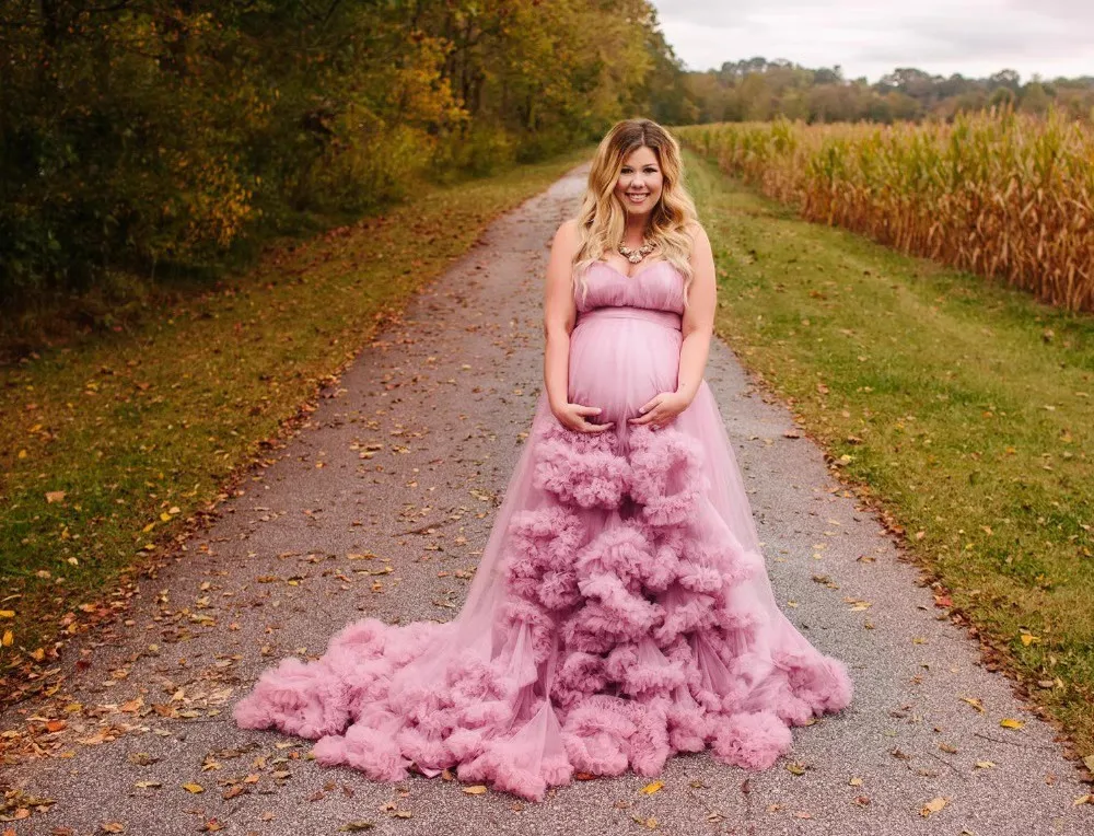 Mingli Tengda Lotus Root Pink Color Pregnant Women Wedding Dress Photography Luxury Tulle Cloud Mommy Party Puffy Bride Dresses