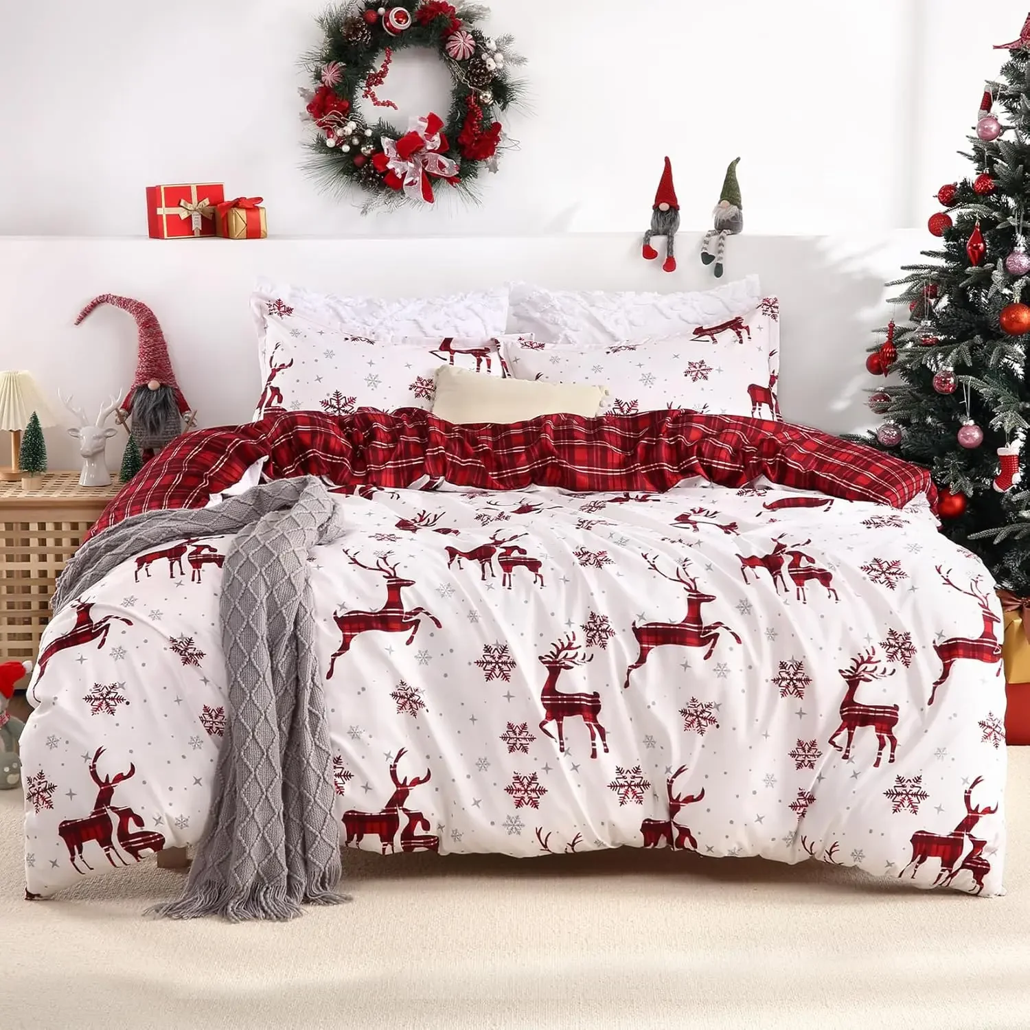 Merry Christmas Duvet Cover Christmas Elk Snowflakes Red Bedding Set Happy New Year Quilt Cover Holiday Gifts Bedroom Decoration