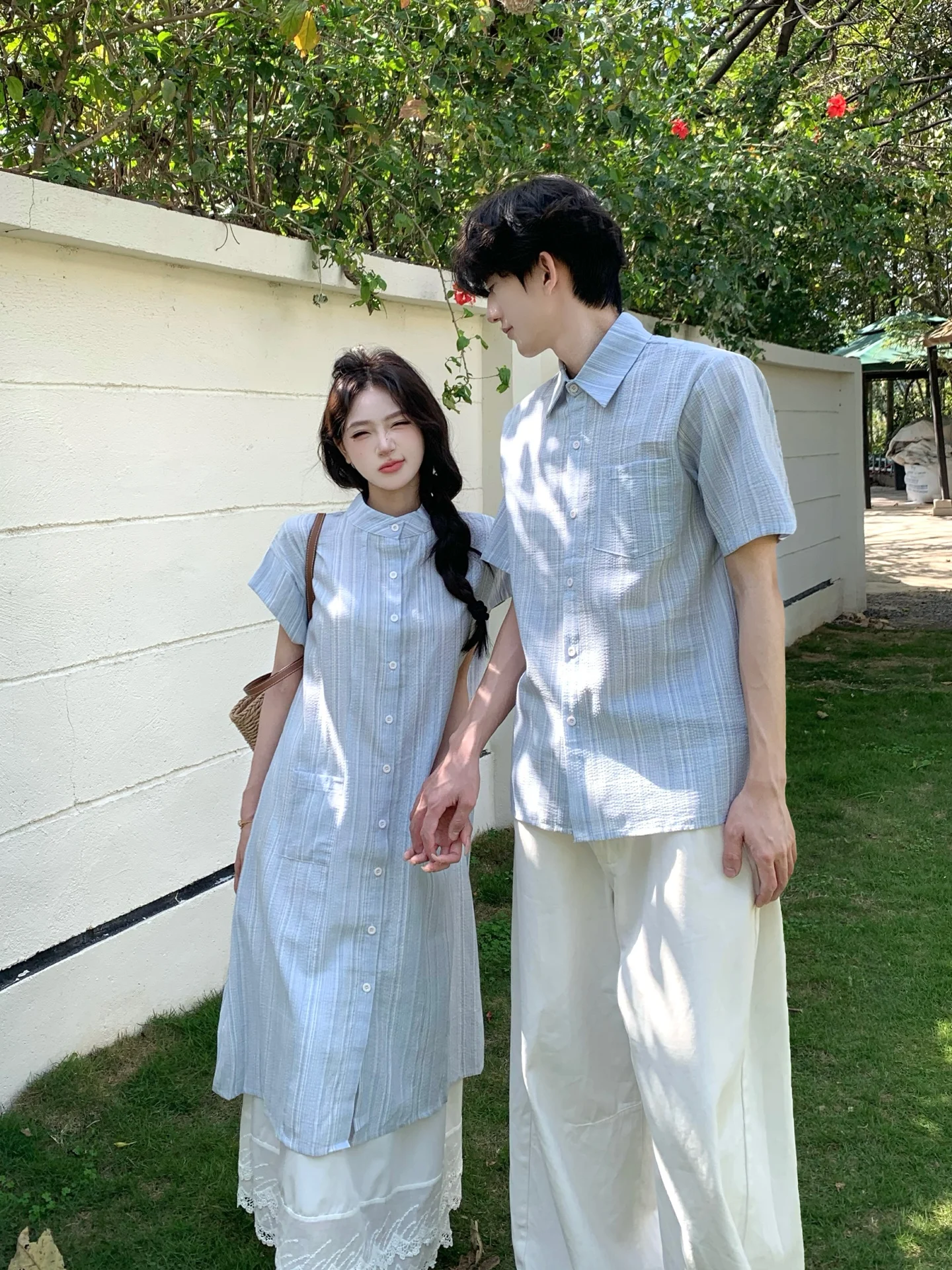 

Couples Summer Striped Short Sleeve Loose Fit Shirt And Dress Set Casual Korean Style One Skirt One Shirt Layering Outfit