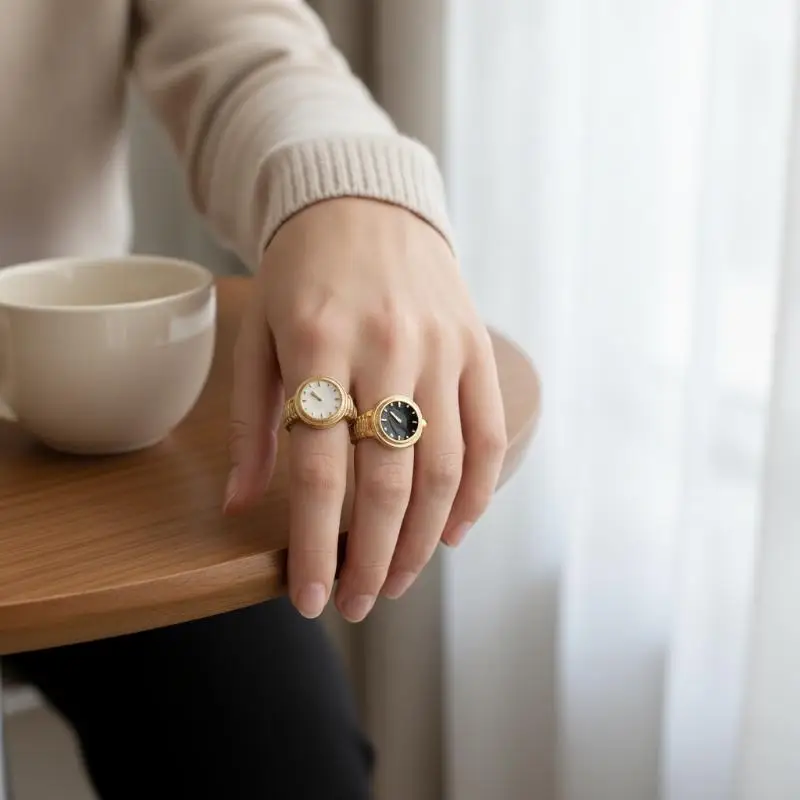 Gold Plated Watch Shaped Rings Vintage Enamel Dial For Daily Wear Parties Dating Gifts For Women