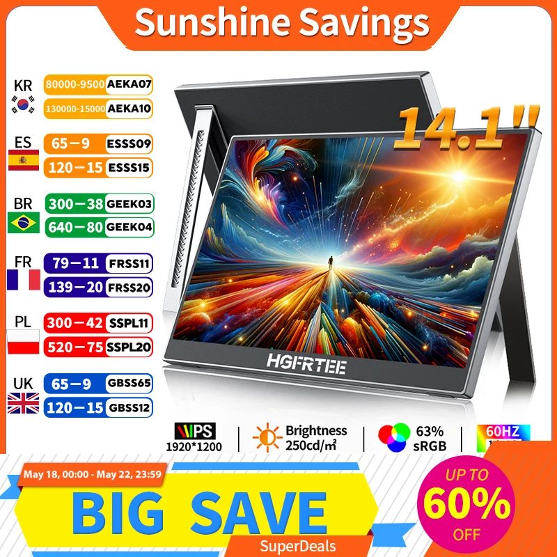 HGFRTEE 14.1 Inch Portable Monitor 1200P 16:10 Aspect Ratio 63%sRGB Second Screen for Laptop Gaming Compatible with Switch PS4/5