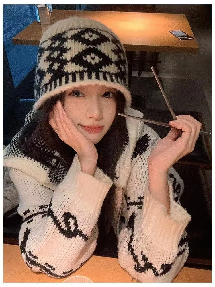 หมวกไหมพรมลายสก๊อตมีสไตล์สำหรับผู้หญิง - หมวกทรงหลวมกันหนาวสำหรับฤดูหนาวและฤดูใบไม้ร่วง