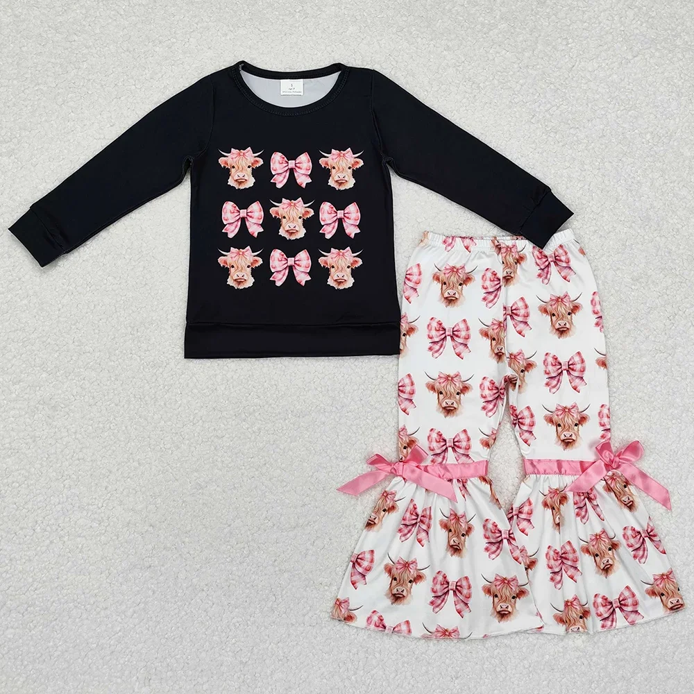 Boutique Baby Girls Clothes Highland Cow Bow Long Sleeve Shirt Bell Bottom Pants Sets Fashion Kids Children Clothes Girls Outfit