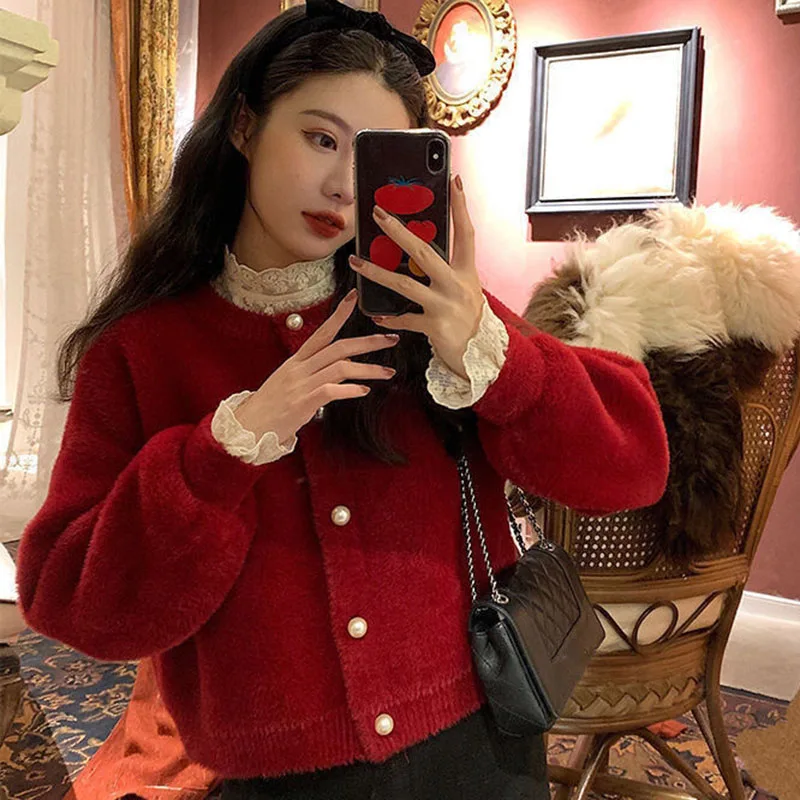 Fashion Faux Mink Fur Sweater Coat Ladies Korean Chic O-neck Soft Knitted Short Cardigan Women All-match Single-breasted Sweater