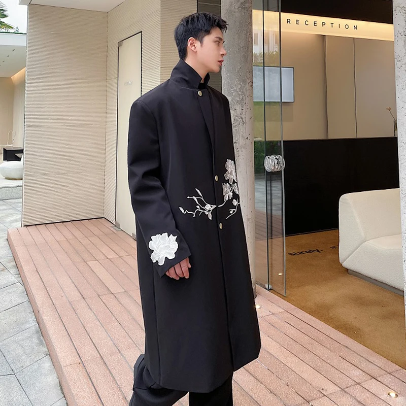 IEFB Men Overcoat Autumn Winter New Chinese Embroidery Long Coat Trend Knee High Trench Casual Male Printing Windbreaker 9C1927