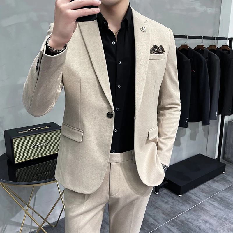 

[Blazer + pants] luxury men suit 2-piece suit fashion boutique groom wedding dress men thick woolen striped business tuxedo suit