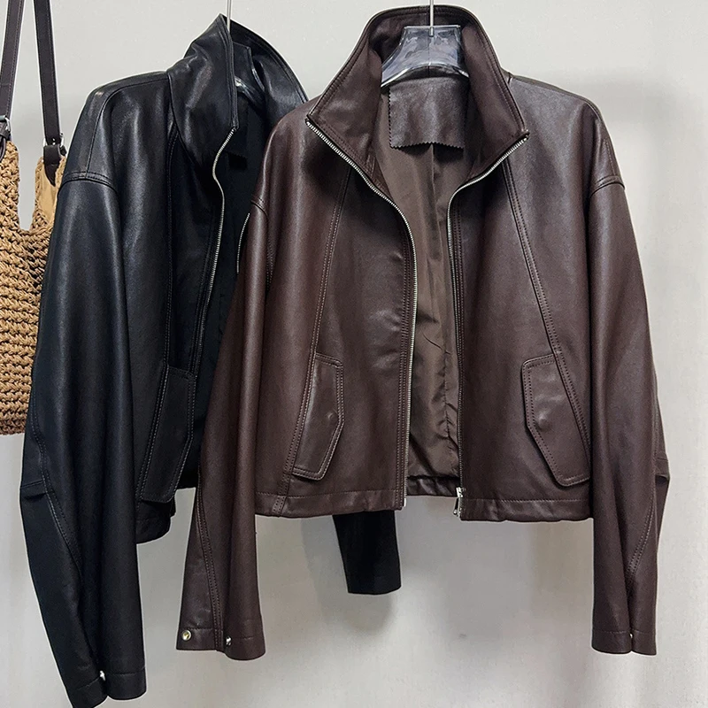 High Luxury A-level Sheepskin Women's Real Leather Jacket Coats 2026 New Casual Loose Female Short Zipper Leather Jackets Tops