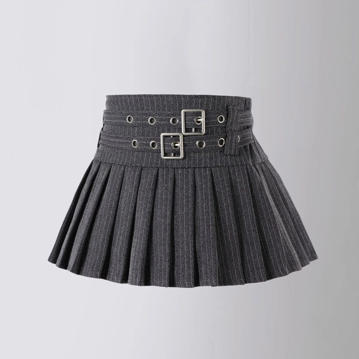 Teen Girl High Waisted Pleated Skirt Skort Y2K Pinstripe A-Line Mini Skirt with Built-in Shorts Double Belt Preppy Punk Style