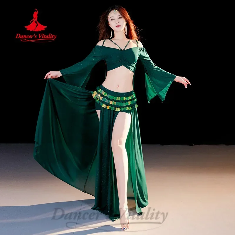 Belly Dancer Professional Practice Clothes V-neck Long Sleeved Top+sequin Long Skirt 2pcs Adult Female BellyDance Sexy Mesh Set