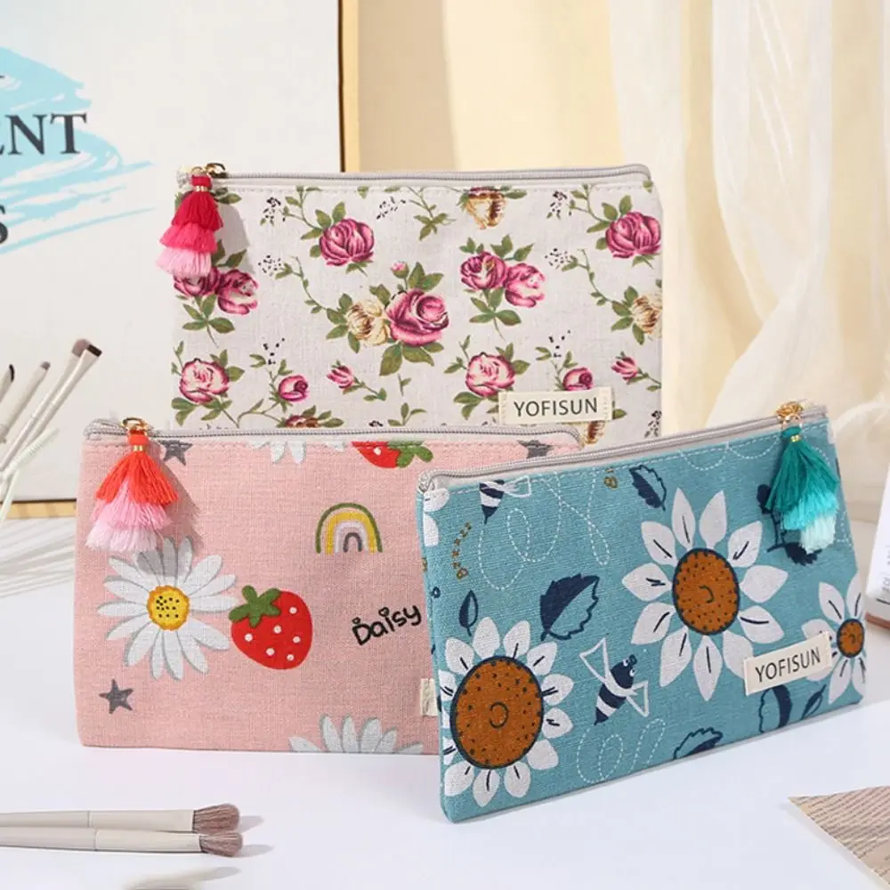 Vintage Floral Print Cosmetic Bag with Tassel Portable Jewelry Storage Bag Zipper Multi-purpose Zipper Toiletry Organizer Gifts