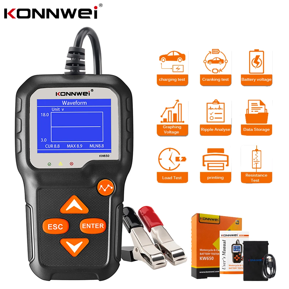 

KONNWEI KW650 Car Battery Tester 6V 12V Auto Motorcycle Battery Analyzer 2000 CCA Battery System Quick Cranking Charging Tool