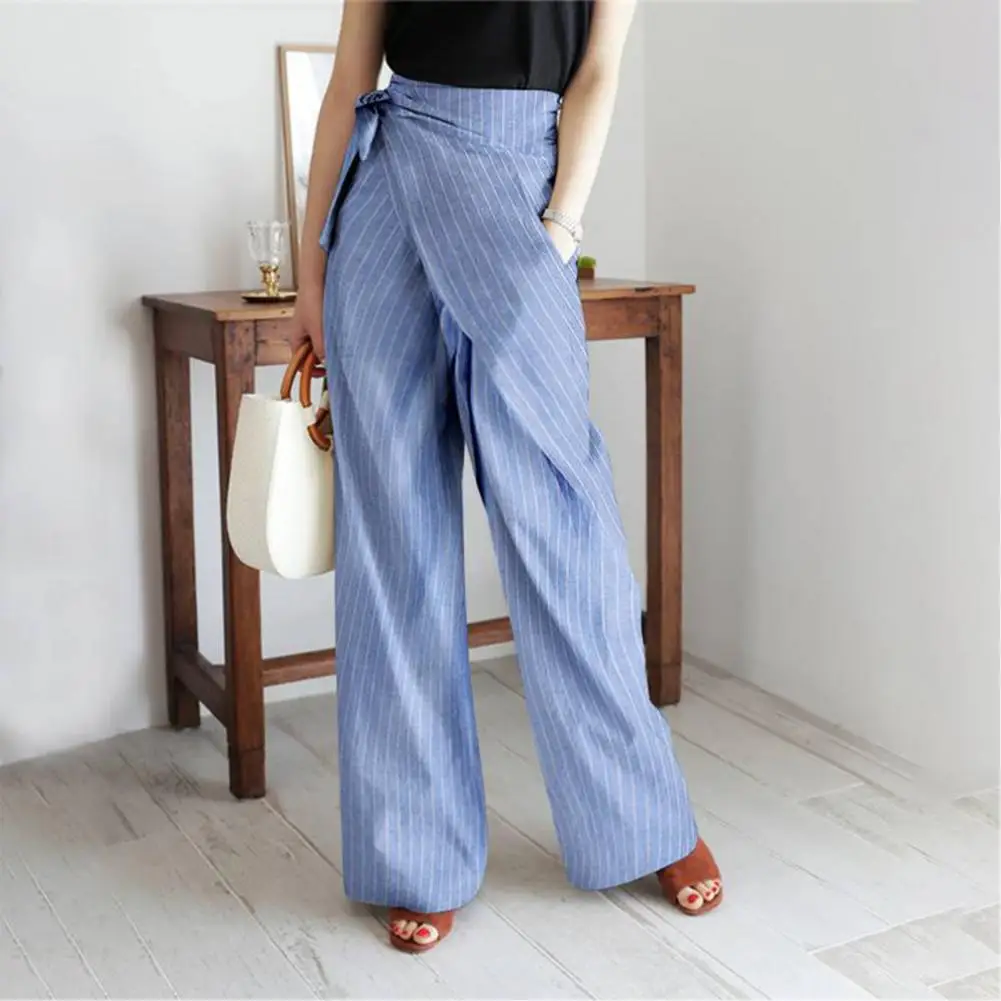 Women Wide-leg Pants Women Pants Women’s Wide Leg Pants with Side Lace-up Striped Print Trousers with Pockets Oversized