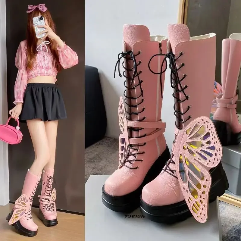 Large Size Red Slope Heel Motorcycle Rider Boots 2024 Fashion Knee High Boots Thick Bottom Leather Boots Shoes for Women Gothic