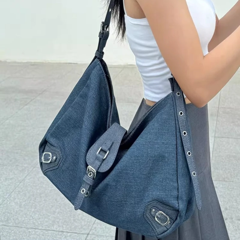 Hot Girl Retro Denim Bag New Large Capacity Fashionable Commuter One-shoulder Underarm Bag Casual Versatile Crossbody Bag