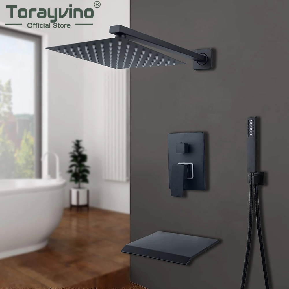 Torayvino Matte Black 8 Inch Square Rainfall Bathroom Shower Faucet Set Hand Shower Rotate Bath Spout Mixer Water Tap Combo Kit