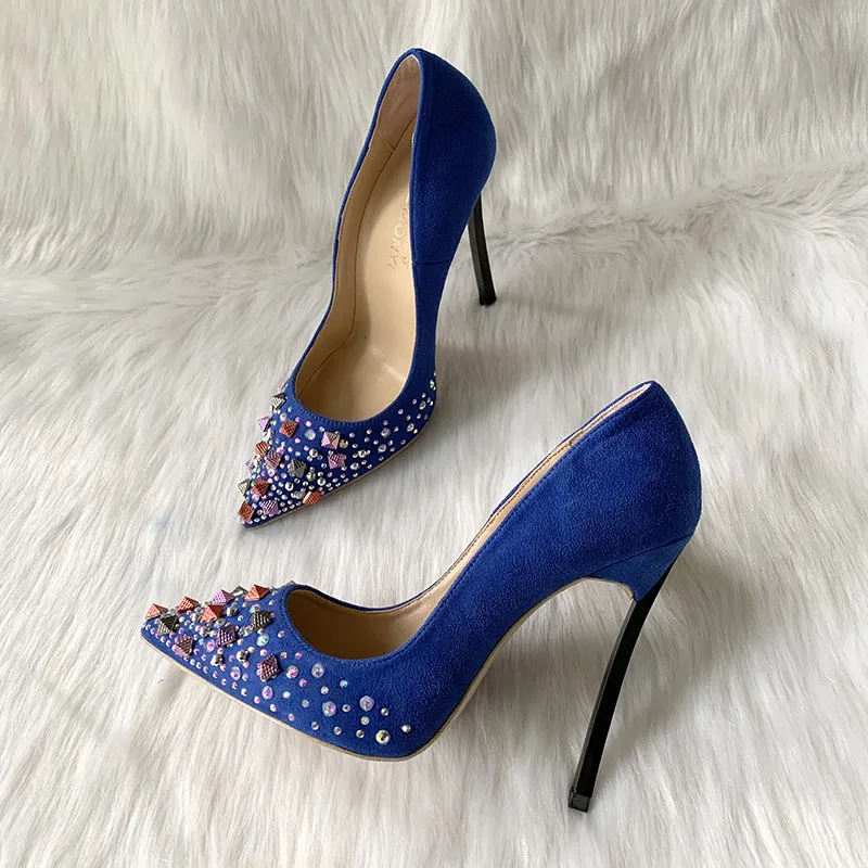 Hot Sale dark blue suede colorful stud crystal women lady party 10cm 120mm square heel plus small size high heel shoes pump