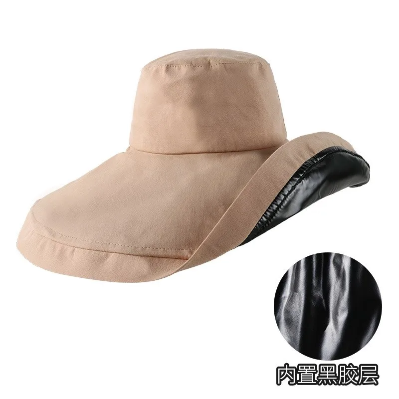 Black rubber hat women's oversized brim UV foldable fisherman's