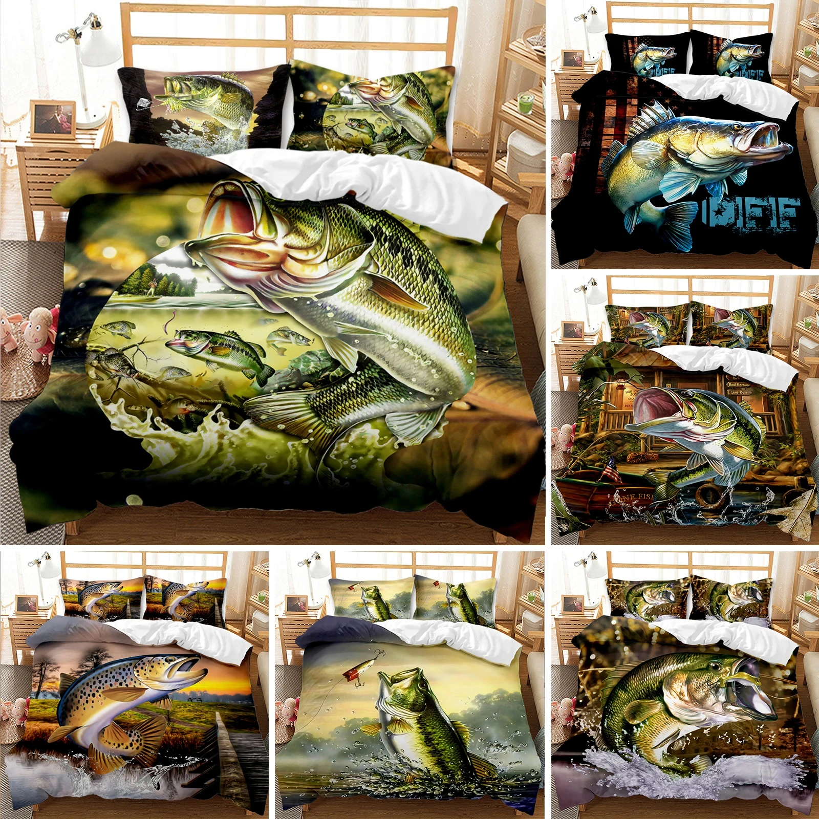 

Big Pike Fishing Duvet Cover Set Hunting Bedding Fly Fishing Comforter Cover Queen King Full Polyester Quilt Cover Teens Adults