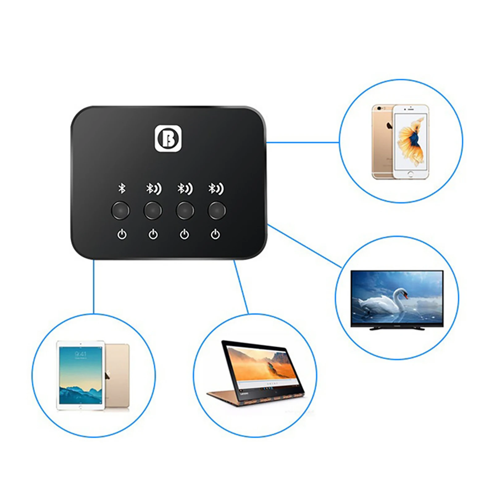 Imagem -04 - sem Fio Stereo Audio Sharing Switcher Adaptador Transmissor Alto-falante Fone de Ouvido Acessórios de tv Bluetooth 4.0 em 1