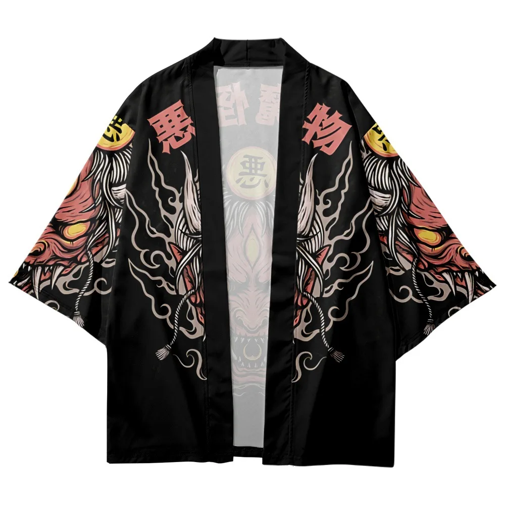 

Japanese Couple Women Men Kimono Yukata Cartoon Demon Printed Black Cardigan Beach Shorts Asian Clothes Harajuku