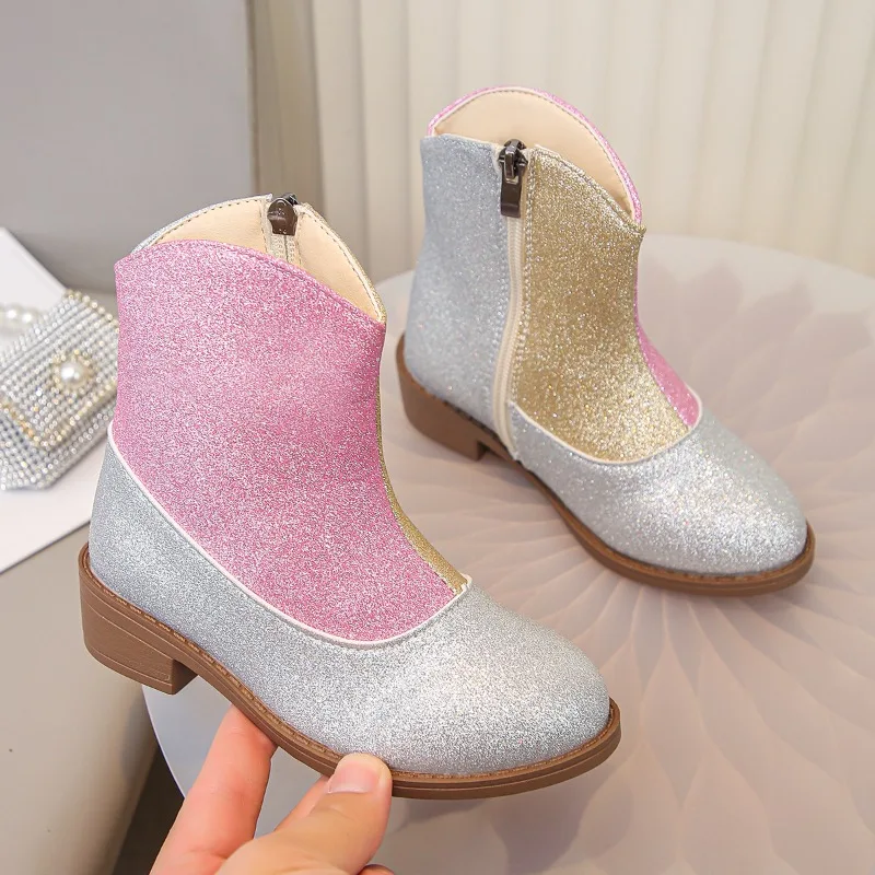 

2025 Autumn New Girls Riding Boots Korean Style Kids Princess Leather Boots with Side Zip Children Casual Short Boots Colorful