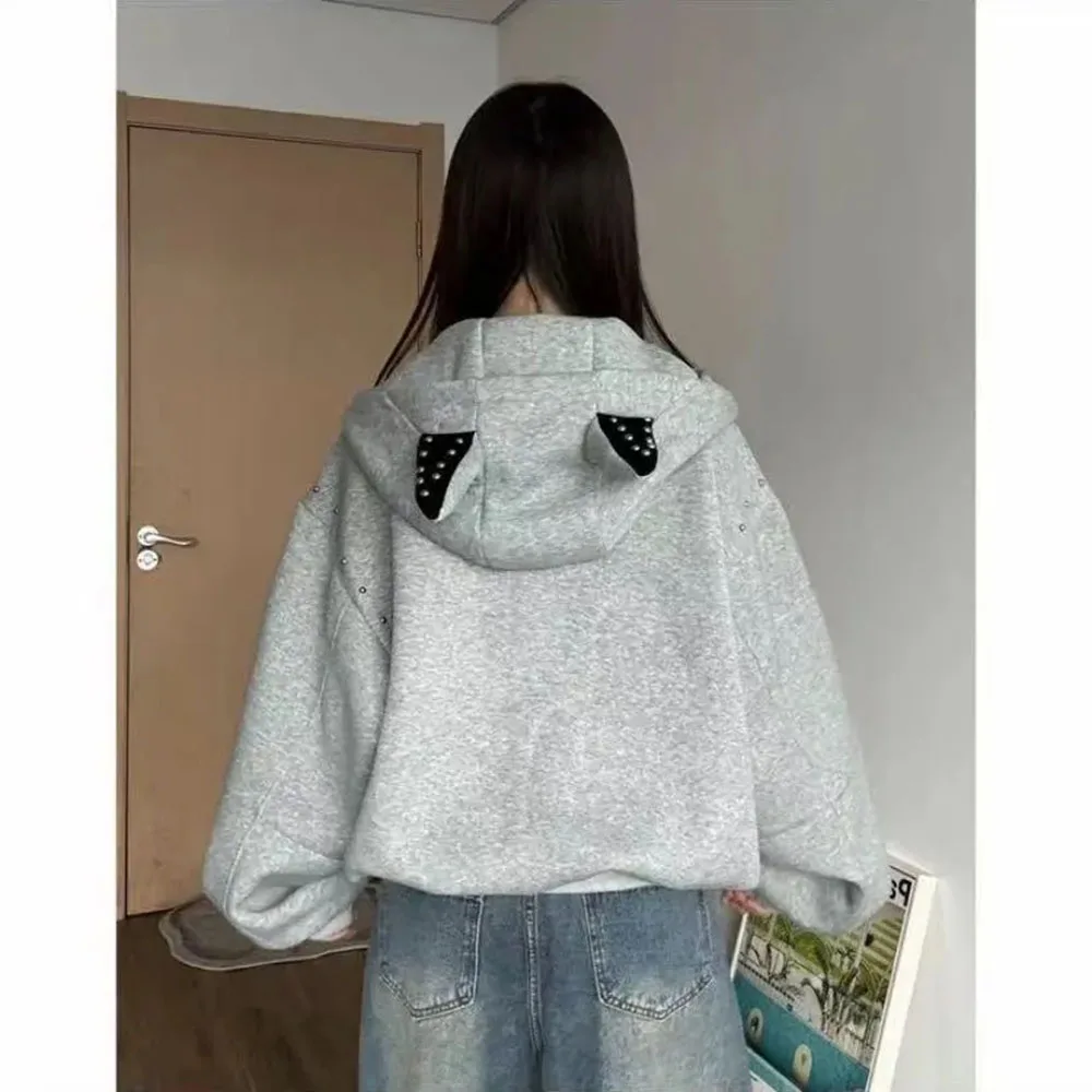 Casual Women\'s Sweatshirts 2024Spring Autumn Loose-fit Korean Style Shinny Gray Hoodies Fashion y2k Clothes Female Hooded Jacket