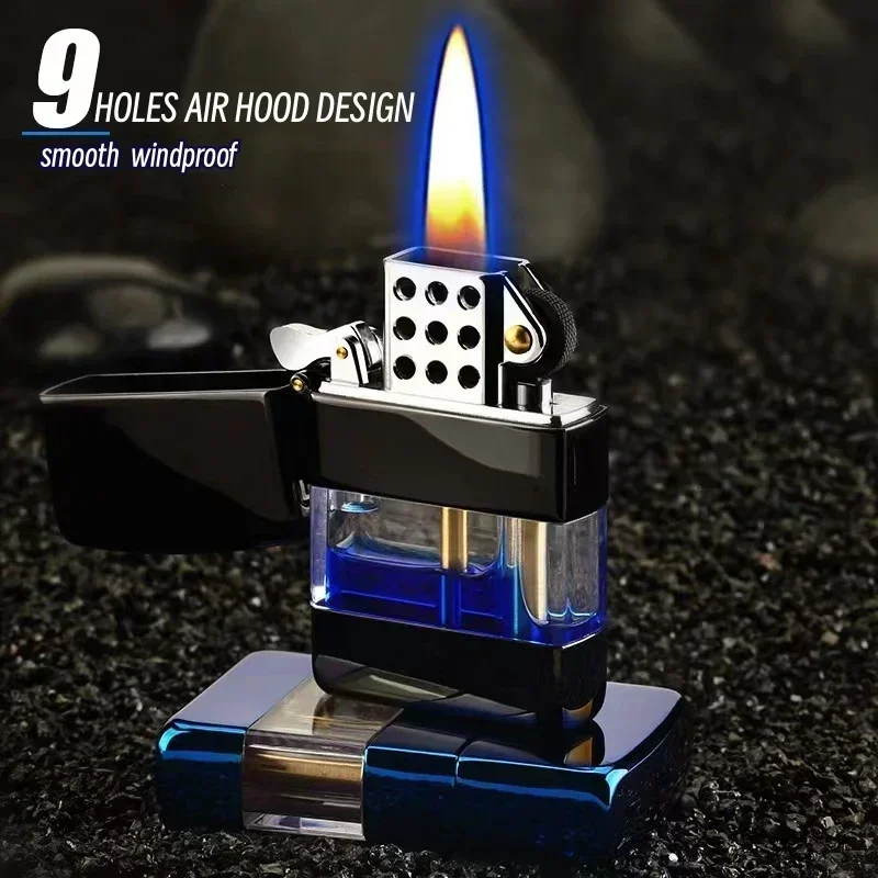 Metal Transparent Oil Tank Retro Lighters Grinding Wheel Windproof  Petrol Lighter Men's Gift Cigarette Accessories