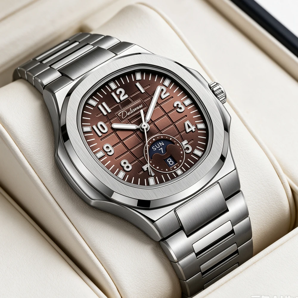 Men Automatic Mechanical Watch Square Stainless Steel Bracelet Wristwatch Brown Grid Dial Week Date Display Business Male Clock