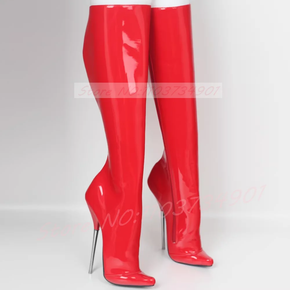 Extra High Metal Heels Red Knee High Boots Women Patent Leather Pointed Toe Stiletto Boot Female Sexy Nightclub Pole Dance Boots
