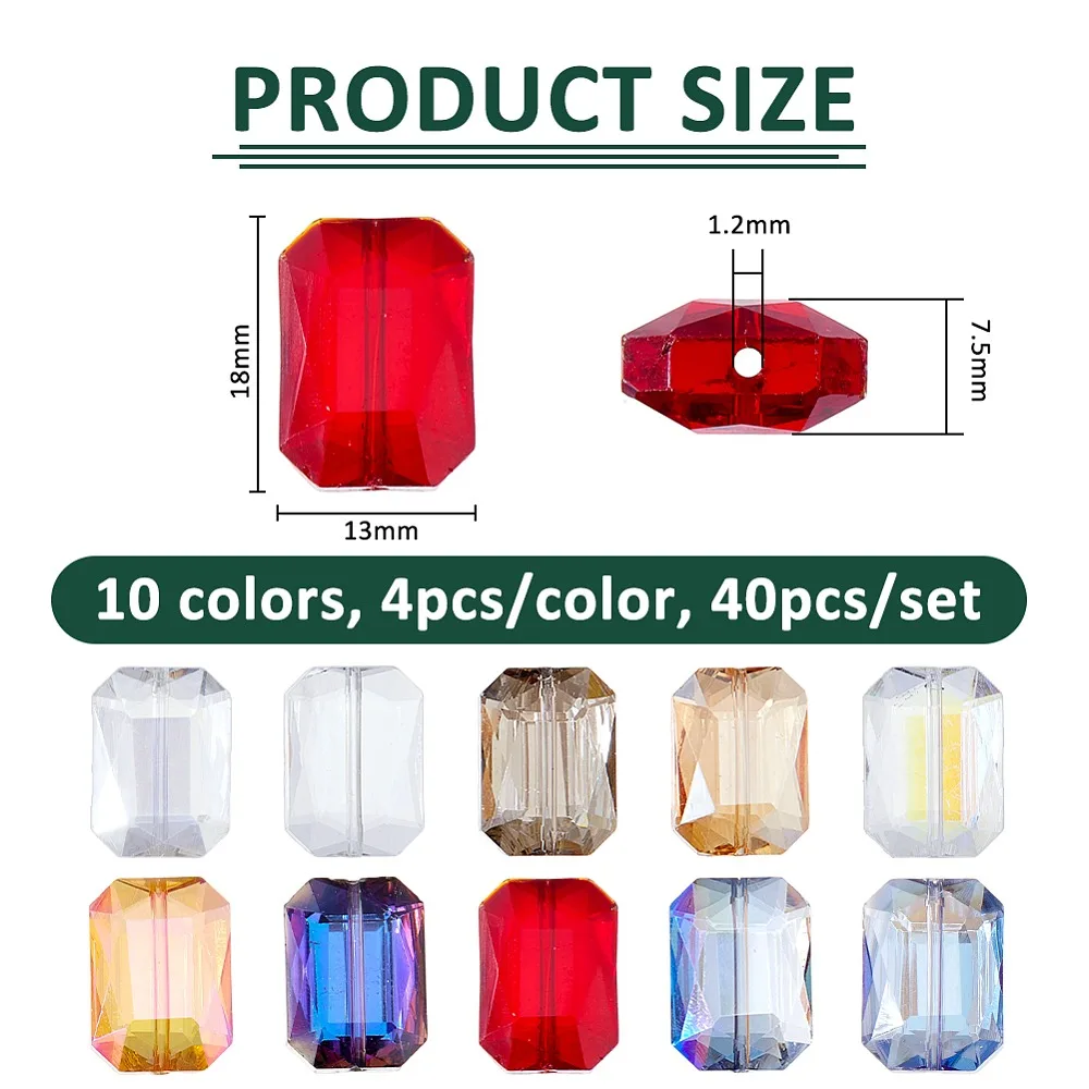 

40Pcs 10 Colors Electroplate Transparent Glass Beads Rectangle Faceted Mixed Color 18x13x7.5mm Hole: 1.2mm 4pcs/color