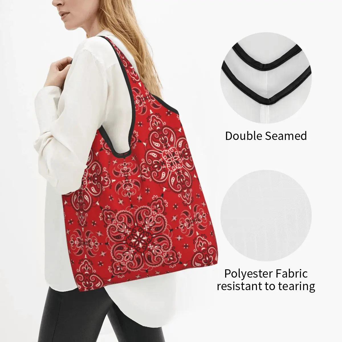 Reusable Paisley Pattern Shopping Bags for Groceries Foldable Red Boho Grocery Bags Washable Large Tote Bags