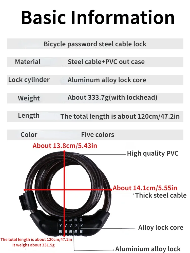 Fahrradschloss 5-stelliger Code 1200mm*12mm Diebstahlsicherung Fahrrad-Sicherheitszubehör Stahlkabel Fahrradschloss 251106 – Detail 3