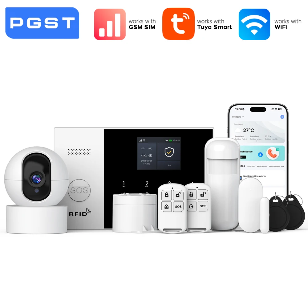 

PGST Smart Home Alarm System WiFi GSM Wireless Burglar Kit with PTZ IP Camera 2-Way Audio Security Protection Tuya