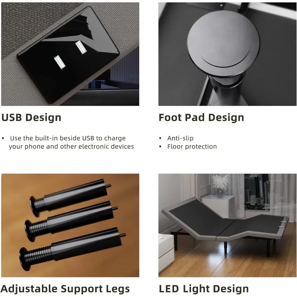 Marco de cama eléctrico totalmente ajustable con masaje, control remoto inalámbrico, USB, cabezal de pie inclinado, luz inferior, marco de cama eléctrico