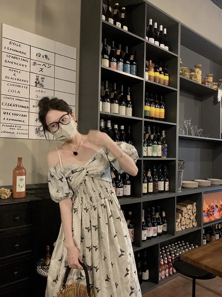 

Floral Print V-Neck A-Line Midi Dress Women Summer High Waist Strapless Gown Commute Style Short Sleeve Polyester Fabric