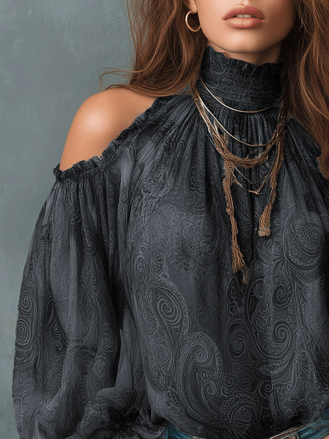 Boho Paisley-Print Chiffon-Top Damen Sexy Off-Shoulder Bluse mit Trompetenärmeln Retro 70er Fairycore Hemden – Detail 20