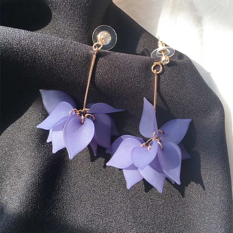 Fashion New Elegant Lady Lotus Petal Earrings Multi-layer 5 Colors Flower Long Earrings With Crystal Women Party Birthday Gift