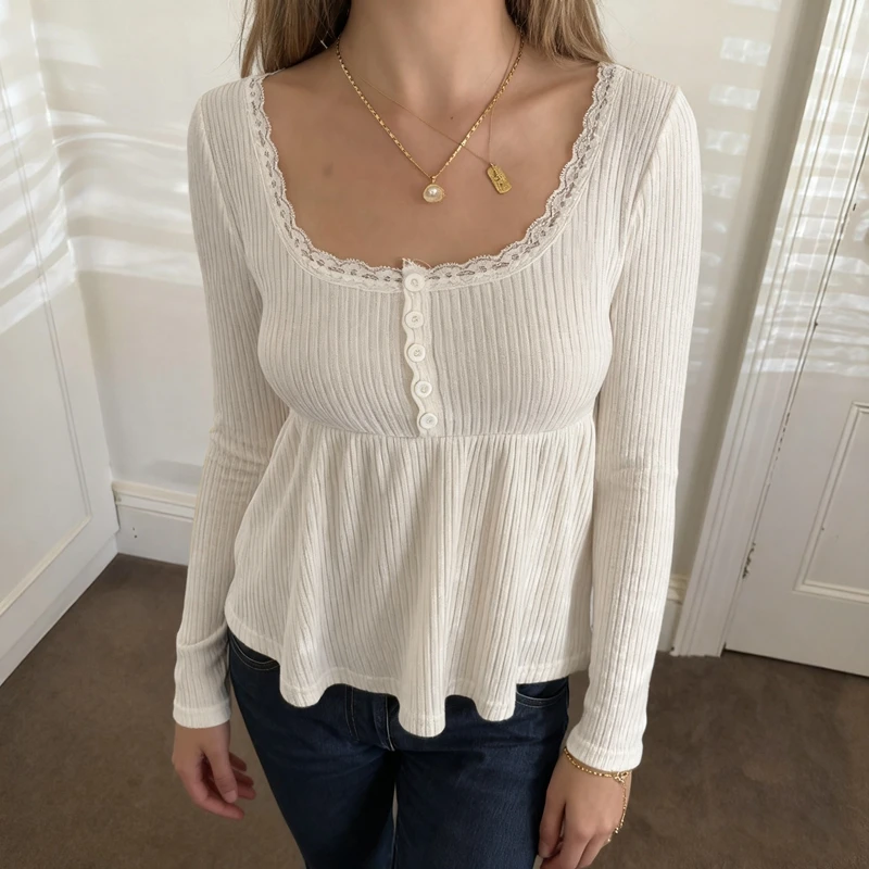 

Коттеджный свитер Babydoll в консервативном стиле, милый эстетический трикотаж Y2k, винтажный вязаный пуловер, женские осенние джемперы с квадратным вырезом, топы