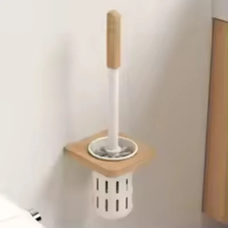 A01F-Bathroom Self Adhesive Toilet Brush Wall Type Household Toilet Rack Brush Non Perforated Toilet Wooden Handle Brush