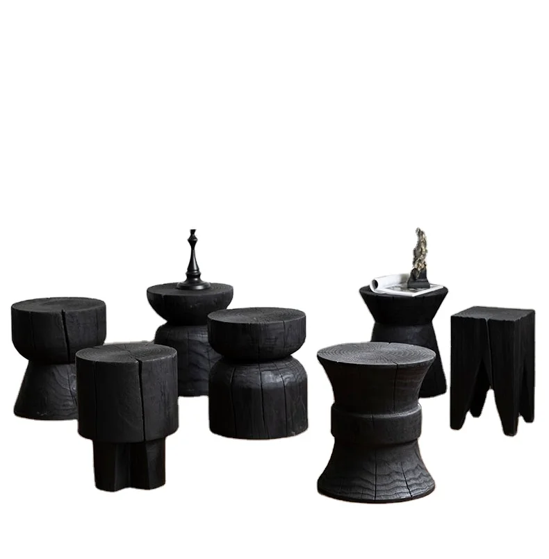 Solid wood side table fabric pier carbonized round wood stool autumn B & B low stool ornament living room decoration