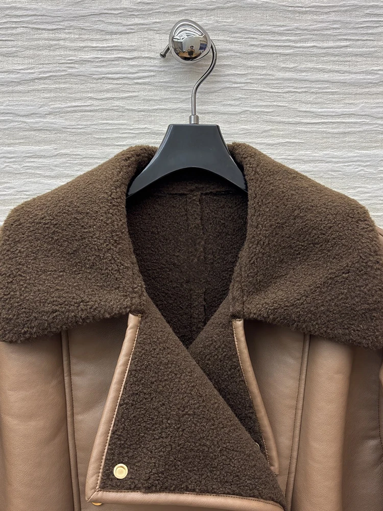 SVORYXIU خريف شتاء نمط جديد عميق القهوة اللحاء مطابقة أفخم طوق امرأة سترة جلدية سوداء الموضة #5