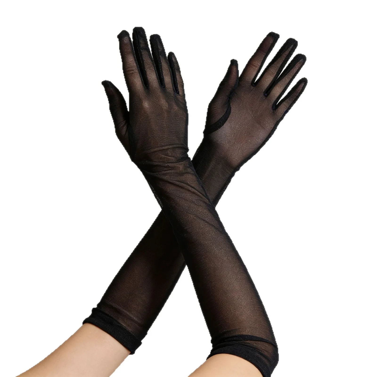 Gloves Long 55cm Mesh Tulle Elastic Breathable Black Retro Bridal Dress Photo Stage Show Summer Sun Protection Charming