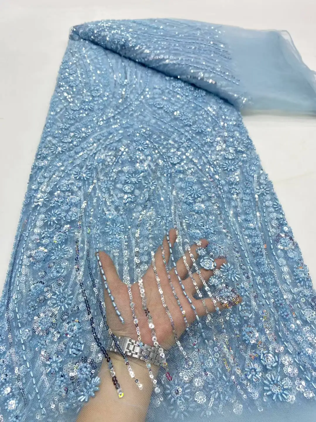 

2025 Fashion Elegant French Mesh Rope Embroidery Sequins Beads Lace Fabric African Nigerian Lace Fabric For Wedding Dress