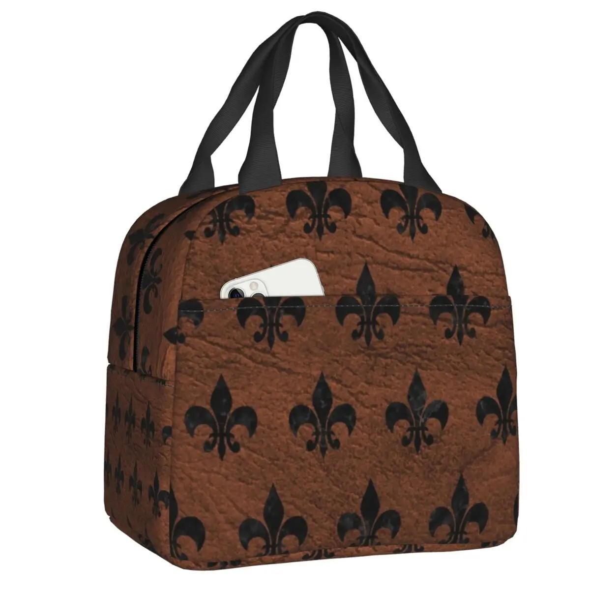 

Royal Black Marble Brown Leather Fleur De Lis Thermal Insulated Lunch Bag Lily Flower Symbol Portable Lunch Container Food Box