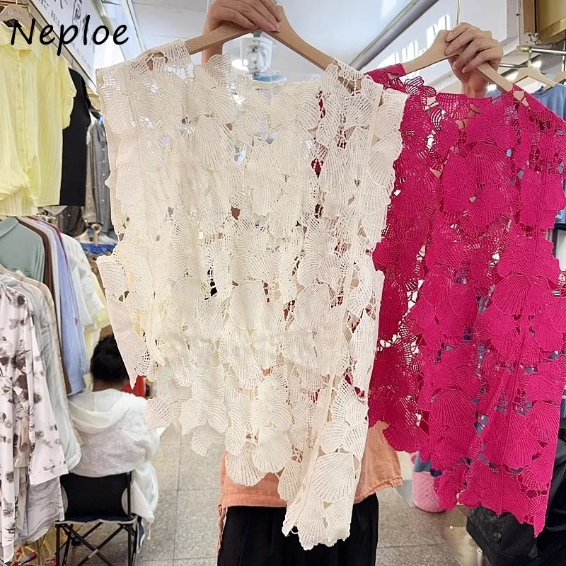 Neploe 2024 Summer New Vest for Women Vintage Lace Butterfly Embroidery Hollow Out Tank Top Y2k O-neck Sleeveless Tops Mujer